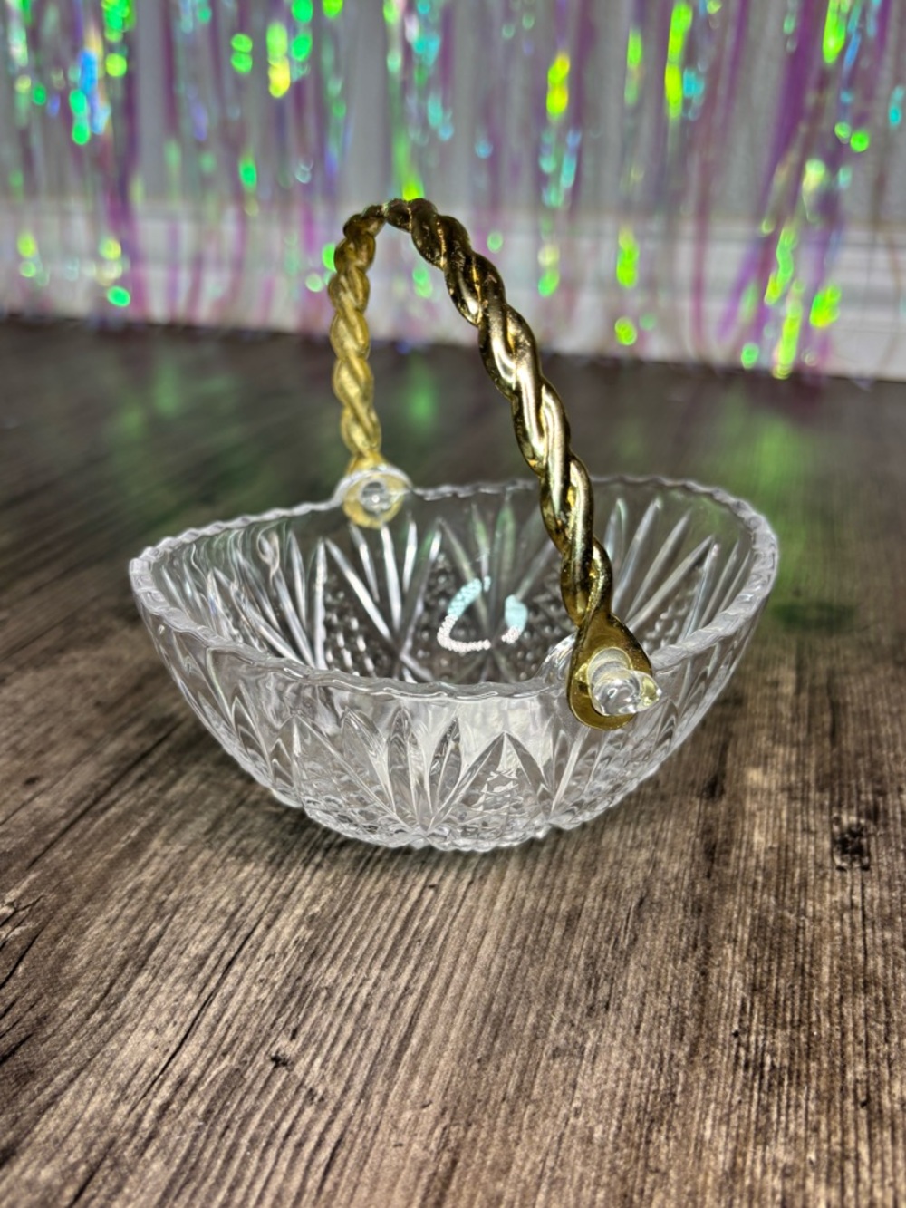 Mikasa Tender Rose Mini Clear Cut Glass Basket with Twisted Gold Handle